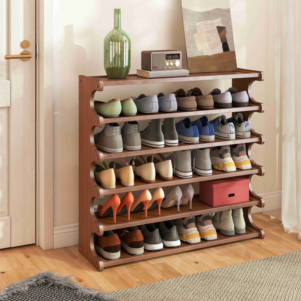 5/6-layer practical storage rack, shoe rack, space-saving design, multi-layer independent storage rack, wood grain finish, easy to assemble, self-supporting cubic shoe storage rack, storage rack, suit - Image 4