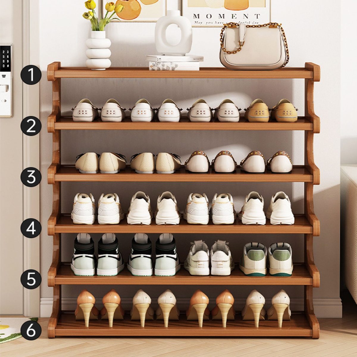 5/6-layer practical storage rack, shoe rack, space-saving design, multi-layer independent storage rack, wood grain finish, easy to assemble, self-supporting cubic shoe storage rack, storage rack, suit - Image 7