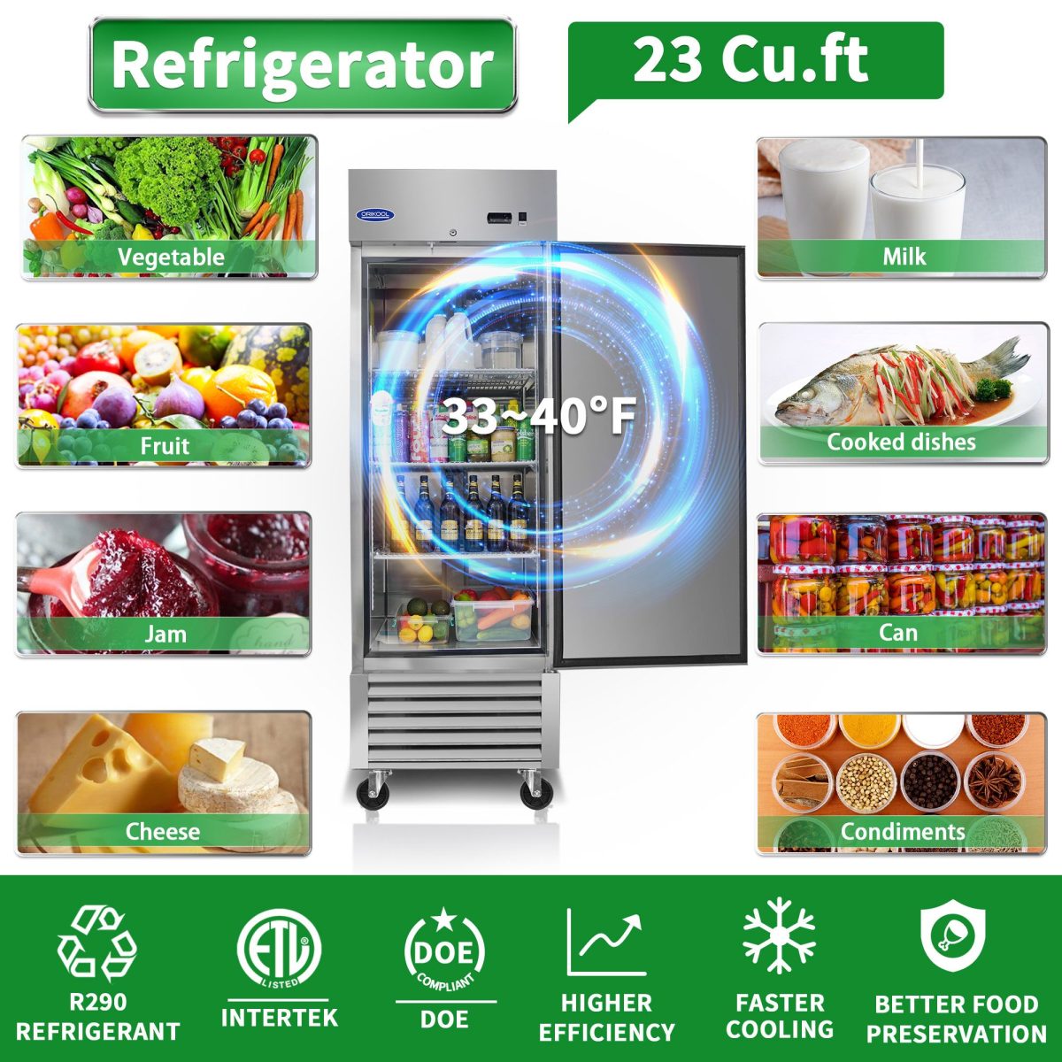 ORIKOOL 27" Commercial Refrigerator 23 Cu.ft with 1 Solid Door Reach-In Refrigerators Stainless Steel ETL Approved Upright Fridge Storage - Image 2