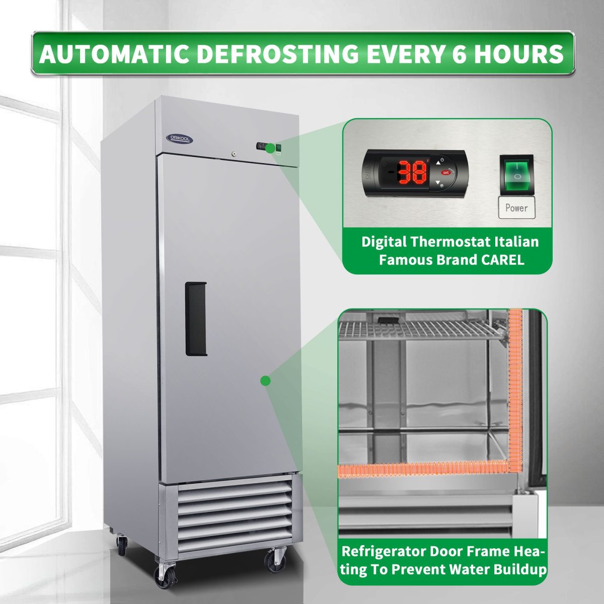 ORIKOOL 27" Commercial Refrigerator 23 Cu.ft with 1 Solid Door Reach-In Refrigerators Stainless Steel ETL Approved Upright Fridge Storage - Image 4