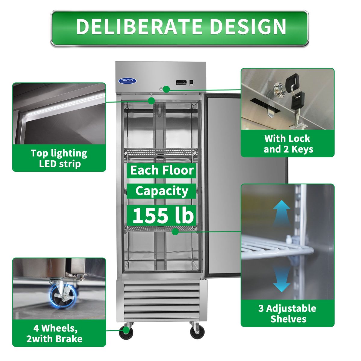 ORIKOOL 27" Commercial Refrigerator 23 Cu.ft with 1 Solid Door Reach-In Refrigerators Stainless Steel ETL Approved Upright Fridge Storage - Image 5
