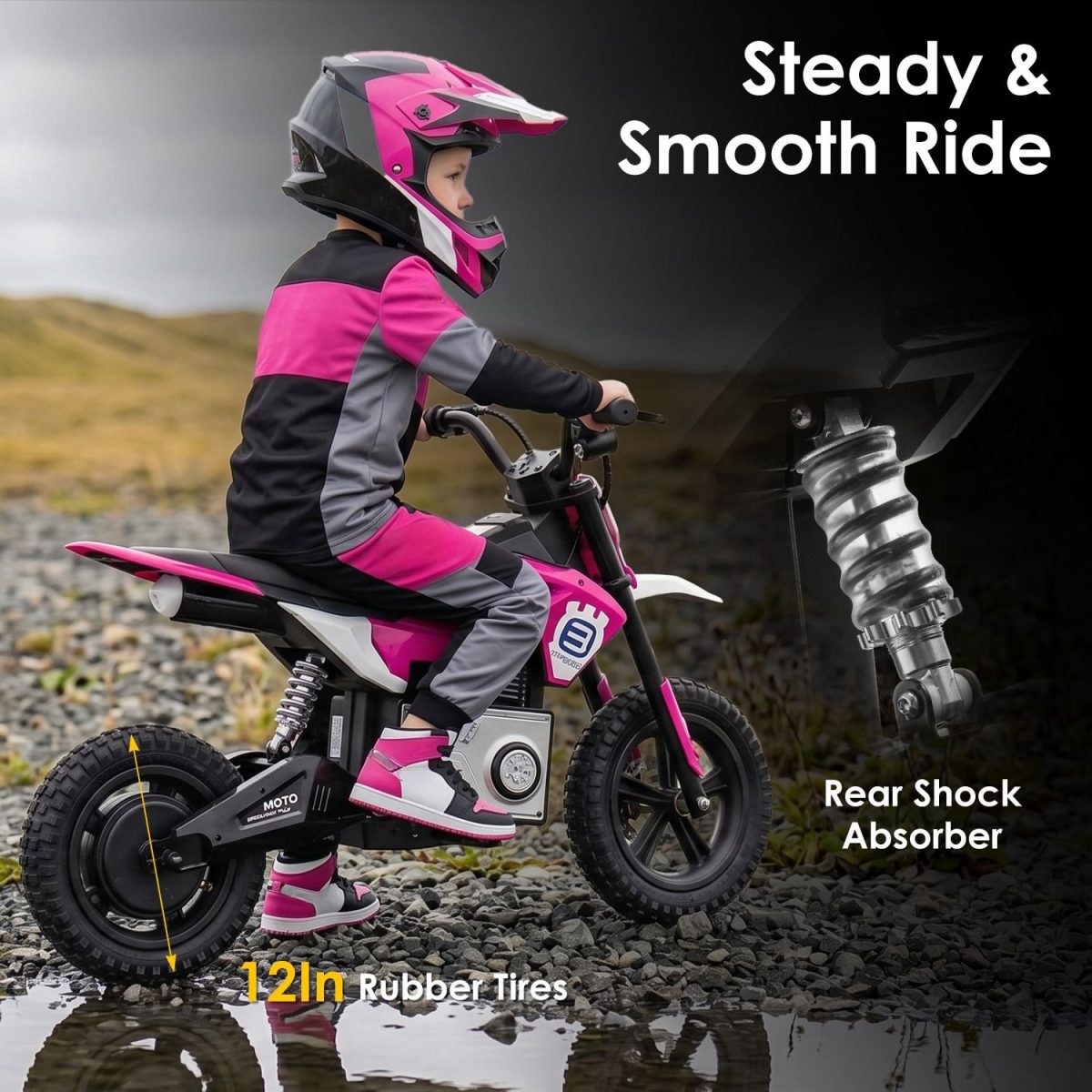 24V Kids Electric Motocross Ride On Motorcycle, 200W High Speed Hub Motor Dirt Bike Toy with Rear Shock Absorber, Adjustable Speed, LED Breathing Light & Wireless Music for Kids Ages 5-12 - Image 2
