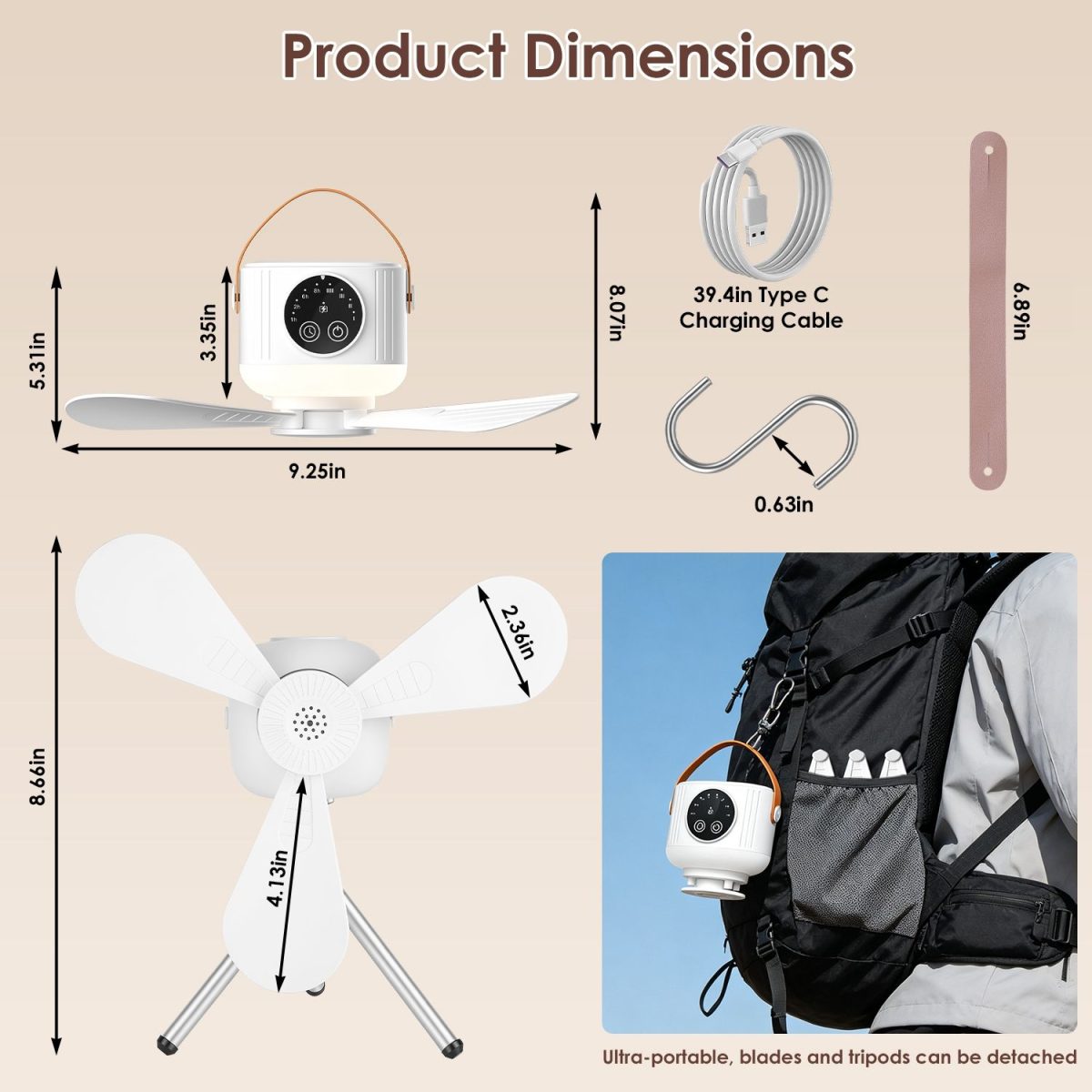 2 in 1 Rechargeable Camping Fan with Built-In LED Lantern Remote Control, 4 Wind Speeds 3 Light Brightness 1/2/6/8H Timer 7200mAh Battery Tripod Stand Hanging Hook Detachable Blades - Image 2