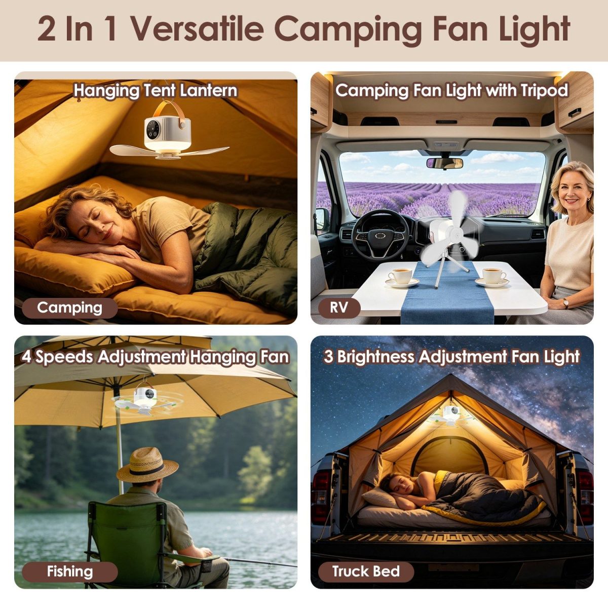 2 in 1 Rechargeable Camping Fan with Built-In LED Lantern Remote Control, 4 Wind Speeds 3 Light Brightness 1/2/6/8H Timer 7200mAh Battery Tripod Stand Hanging Hook Detachable Blades - Image 7