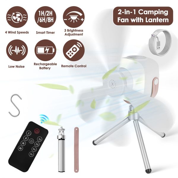 2 in 1 Rechargeable Camping Fan with Built-In LED Lantern Remote Control, 4 Wind Speeds 3 Light Brightness 1/2/6/8H Timer 7200mAh Battery Tripod Stand Hanging Hook Detachable Blades