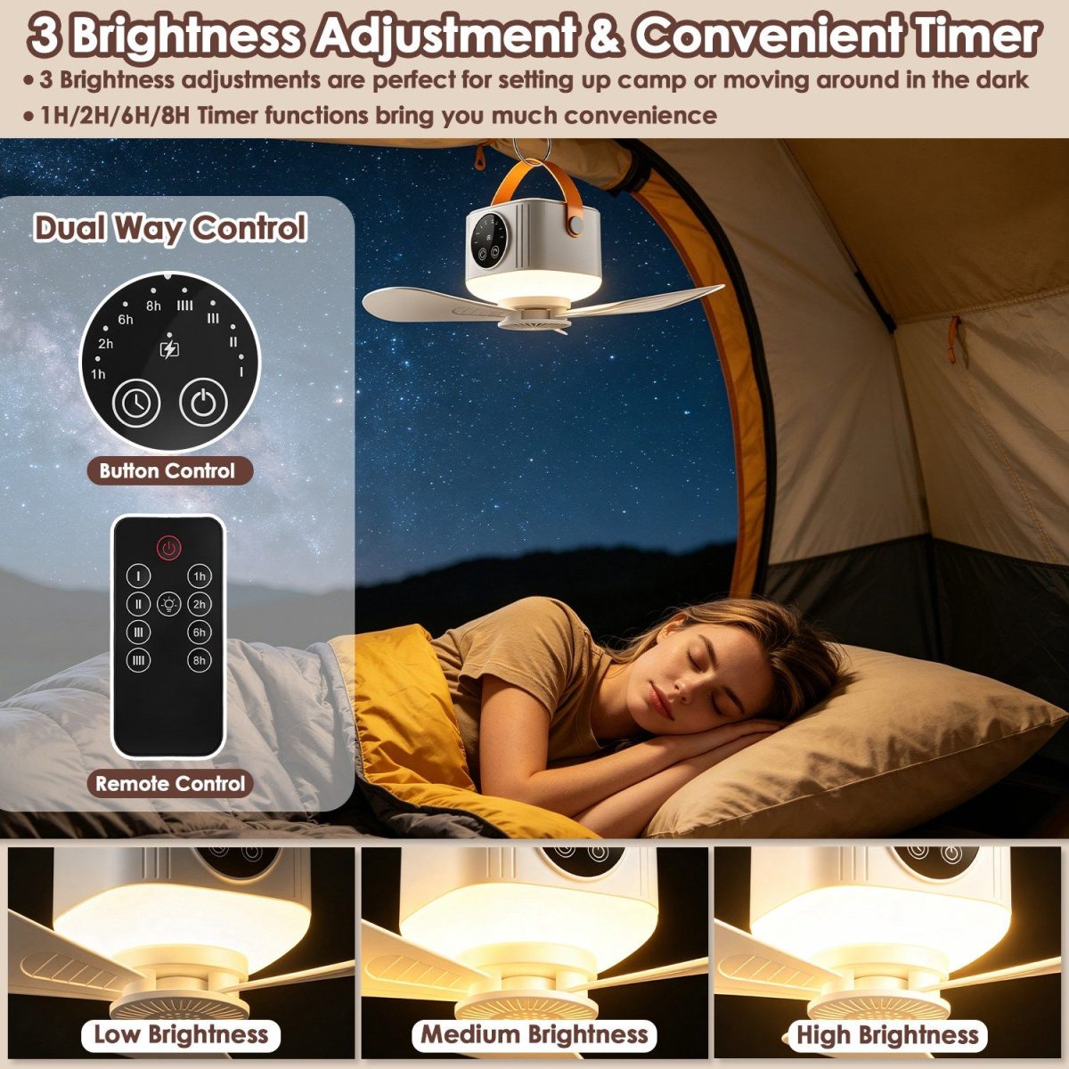 2 in 1 Rechargeable Camping Fan with Built-In LED Lantern Remote Control, 4 Wind Speeds 3 Light Brightness 1/2/6/8H Timer 7200mAh Battery Tripod Stand Hanging Hook Detachable Blades - Image 8