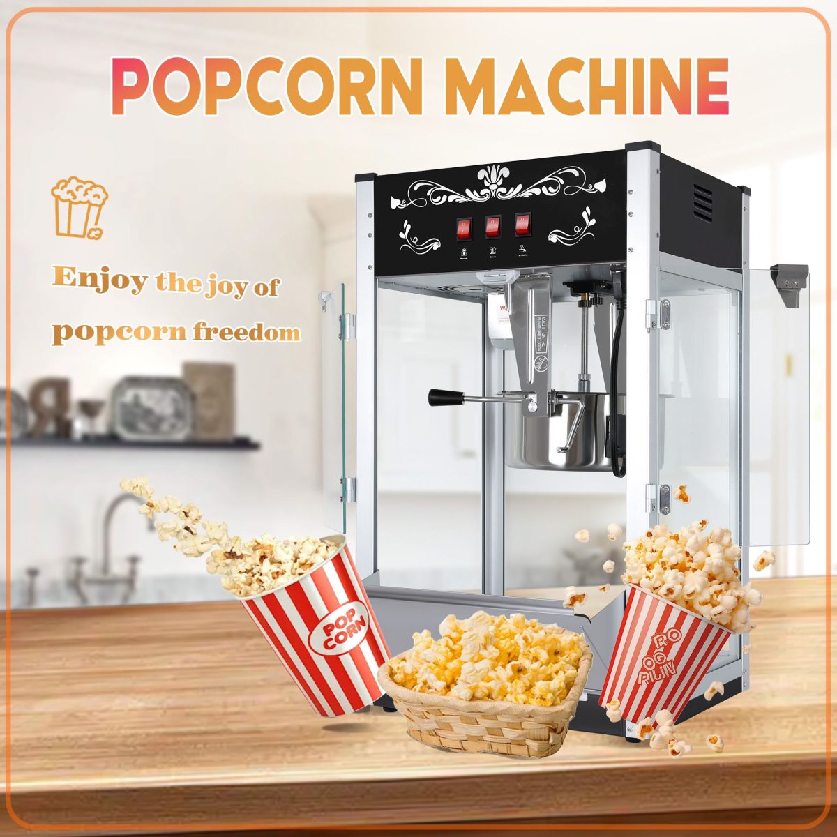 Popcorn Machine with 16 Ounce Kettle, Countertop Popcorn Maker Commercial Popcorn Machine w/Stainless Steel Scoop, Oil Spoon for Home Movie Theater, Black - Image 3