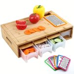 Bamboo Cutting Board with Food Containers, Wooden Chopping Board with Storage Trays, Cheese Grater and Juice Groove for Meat, Vegetables and Kitchen Food Prep