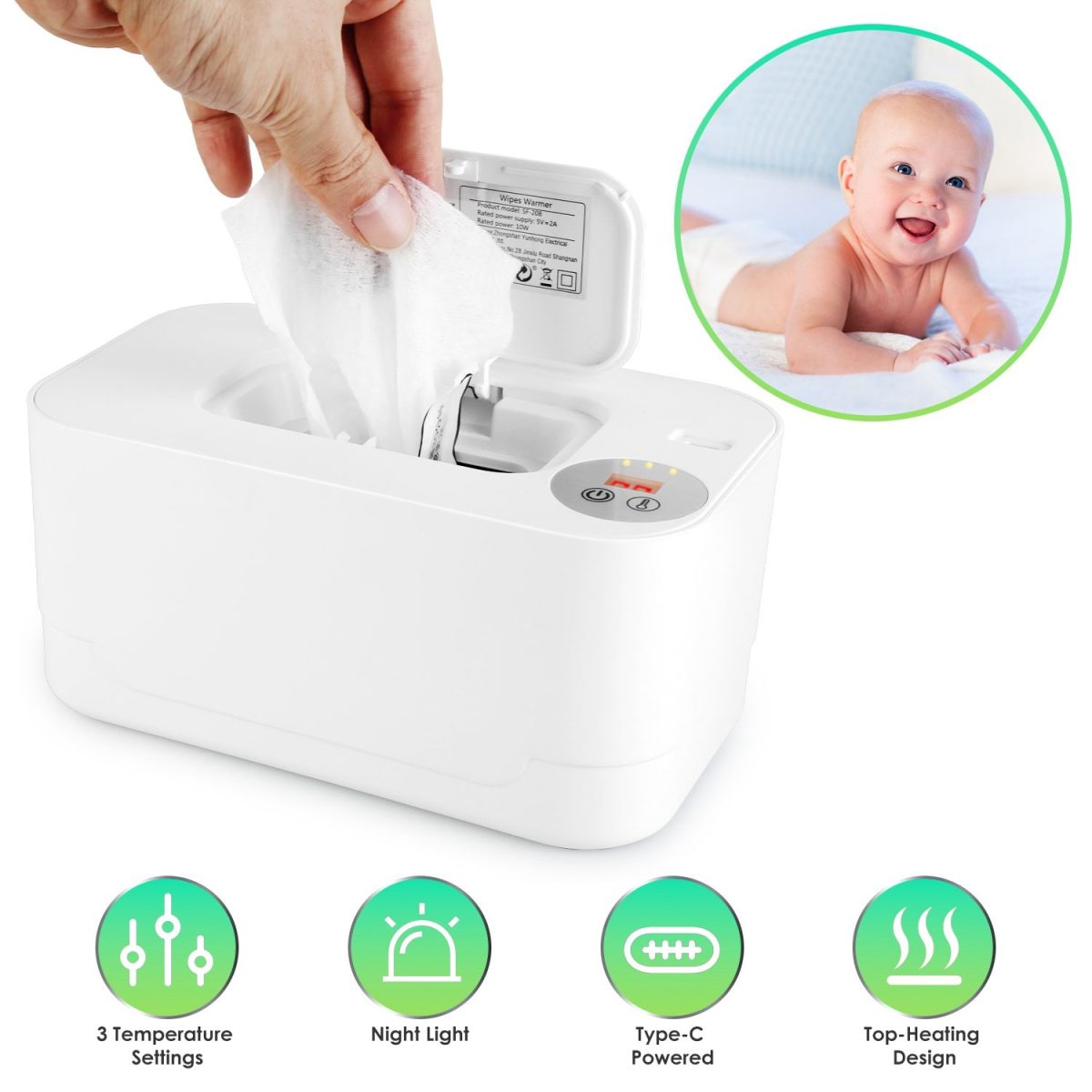 Baby Wipe Warmer With 3 Temperature Settings Type-C Powered Baby Wet Wipes Dispenser With Night Light Large Capacity Diaper Wipe Warmer For Baby - Image 3
