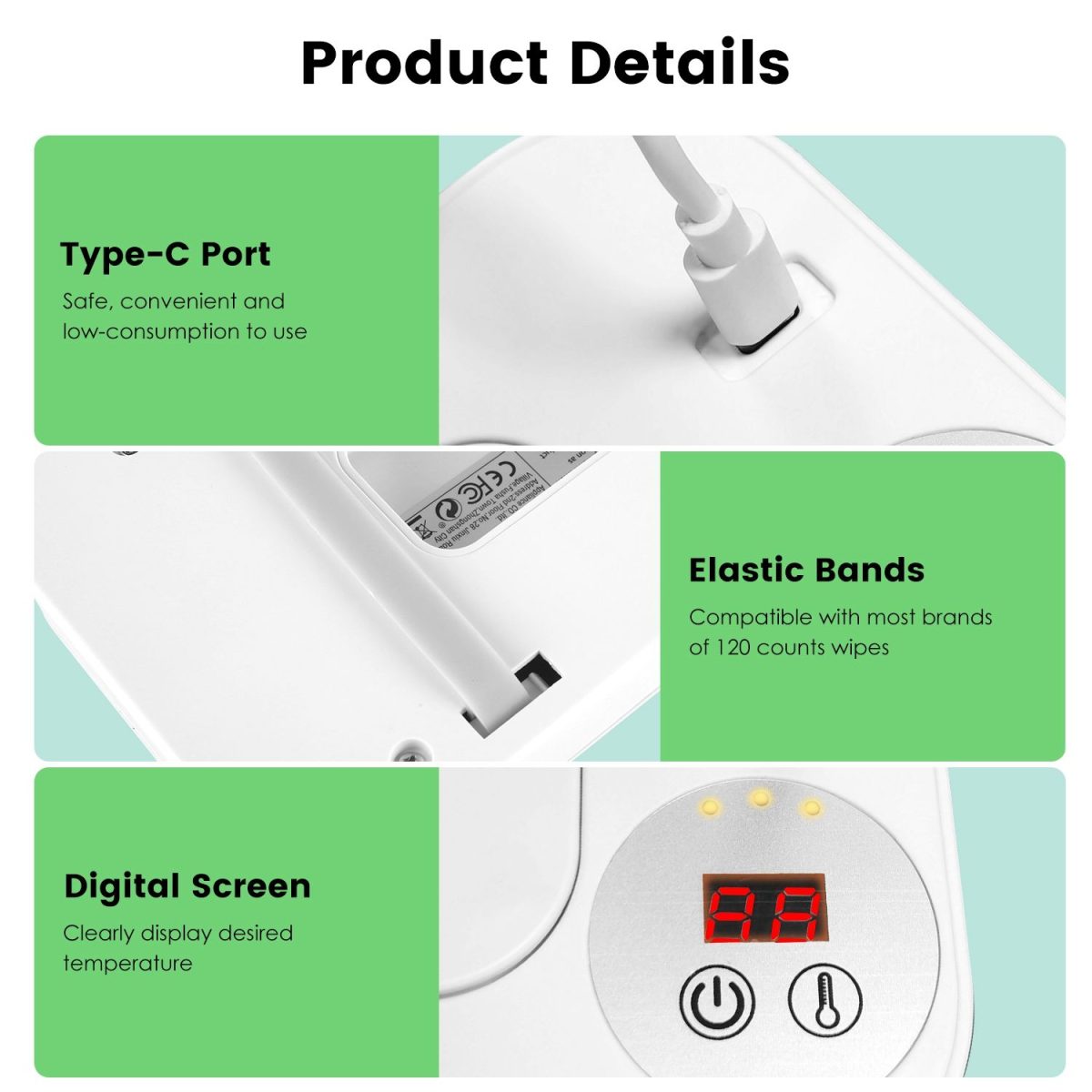 Baby Wipe Warmer With 3 Temperature Settings Type-C Powered Baby Wet Wipes Dispenser With Night Light Large Capacity Diaper Wipe Warmer For Baby - Image 6
