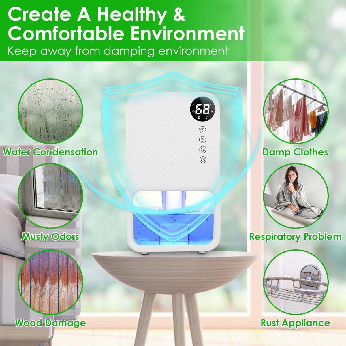Portable Small Dehumidifier with Humidity Display, 10oz Moisture Removal per Day, 1.1L Water Tank, 1-24H Timer & 7-Color Night Light for Bathroom RV Closet - Image 2