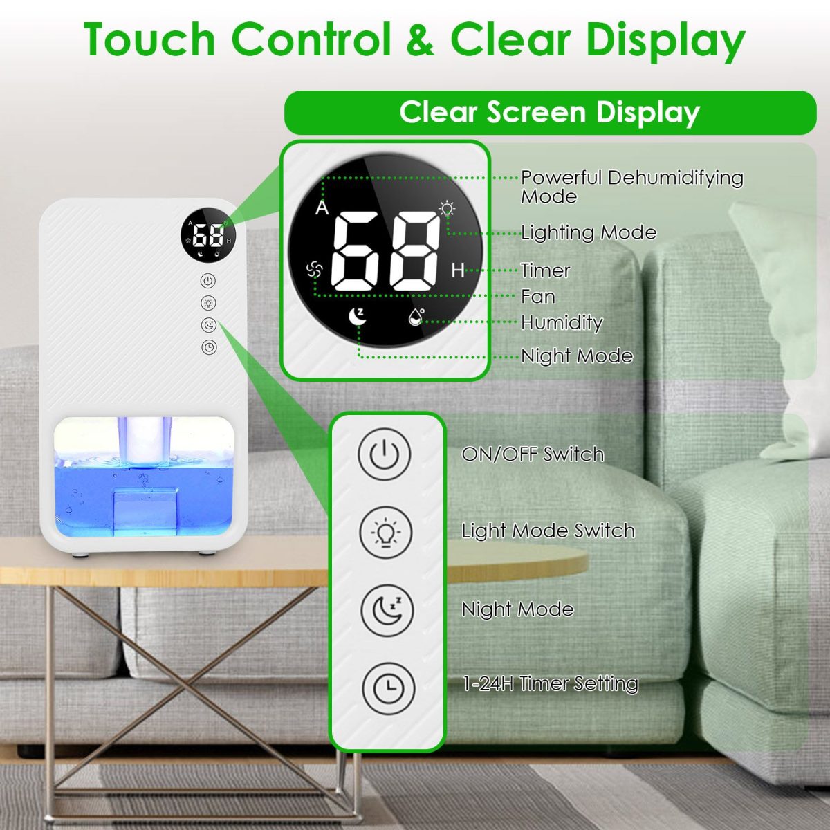 Portable Small Dehumidifier with Humidity Display, 10oz Moisture Removal per Day, 1.1L Water Tank, 1-24H Timer & 7-Color Night Light for Bathroom RV Closet - Image 5