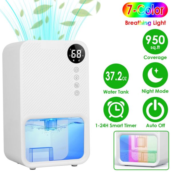 Portable Small Dehumidifier with Humidity Display, 10oz Moisture Removal per Day, 1.1L Water Tank, 1-24H Timer & 7-Color Night Light for Bathroom RV Closet