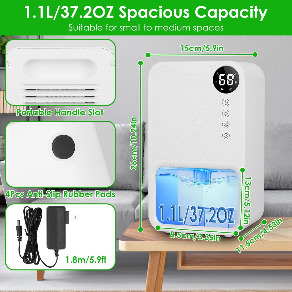 Portable Small Dehumidifier with Humidity Display, 10oz Moisture Removal per Day, 1.1L Water Tank, 1-24H Timer & 7-Color Night Light for Bathroom RV Closet - Image 8
