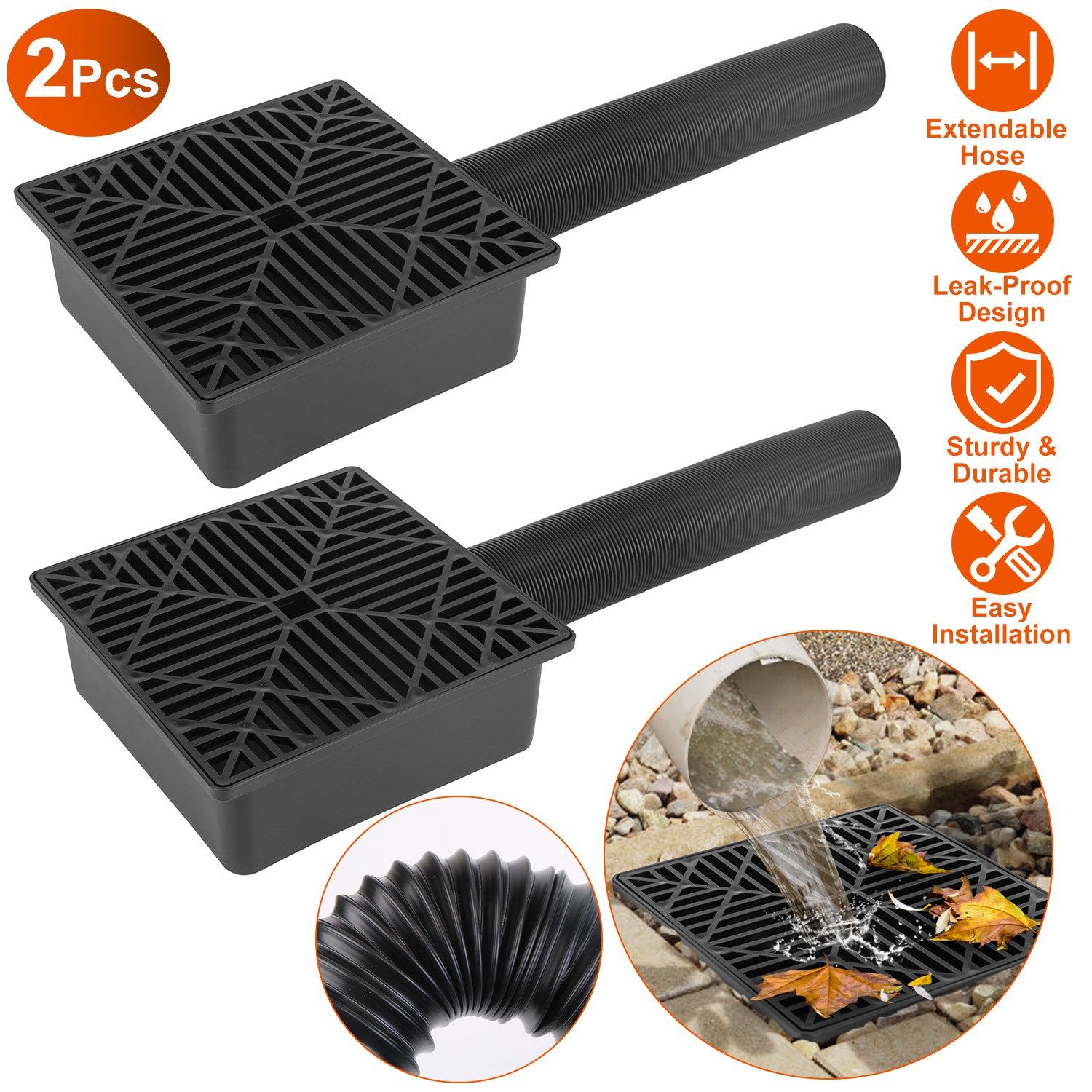 d01027hpkky.jpg 2Pcs 4.9FT Flexible Extendable Hose Gutter Downspout Extension Low Profile No Deep Digging Catch Basin Downspout Extender with For House Foundation Protection - Image 1