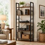 62.2 Inch 5 Tier Industrial Bookshelf, Rustic Wood Metal Open Display Shelf, Freestanding Storage Rack for Books, Vinyl Records, Plants, Guitar and Home Office