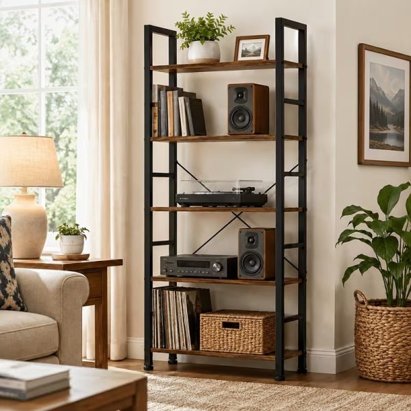 62.2 Inch 5 Tier Industrial Bookshelf, Rustic Wood Metal Open Display Shelf, Freestanding Storage Rack for Books, Vinyl Records, Plants, Guitar and Home Office