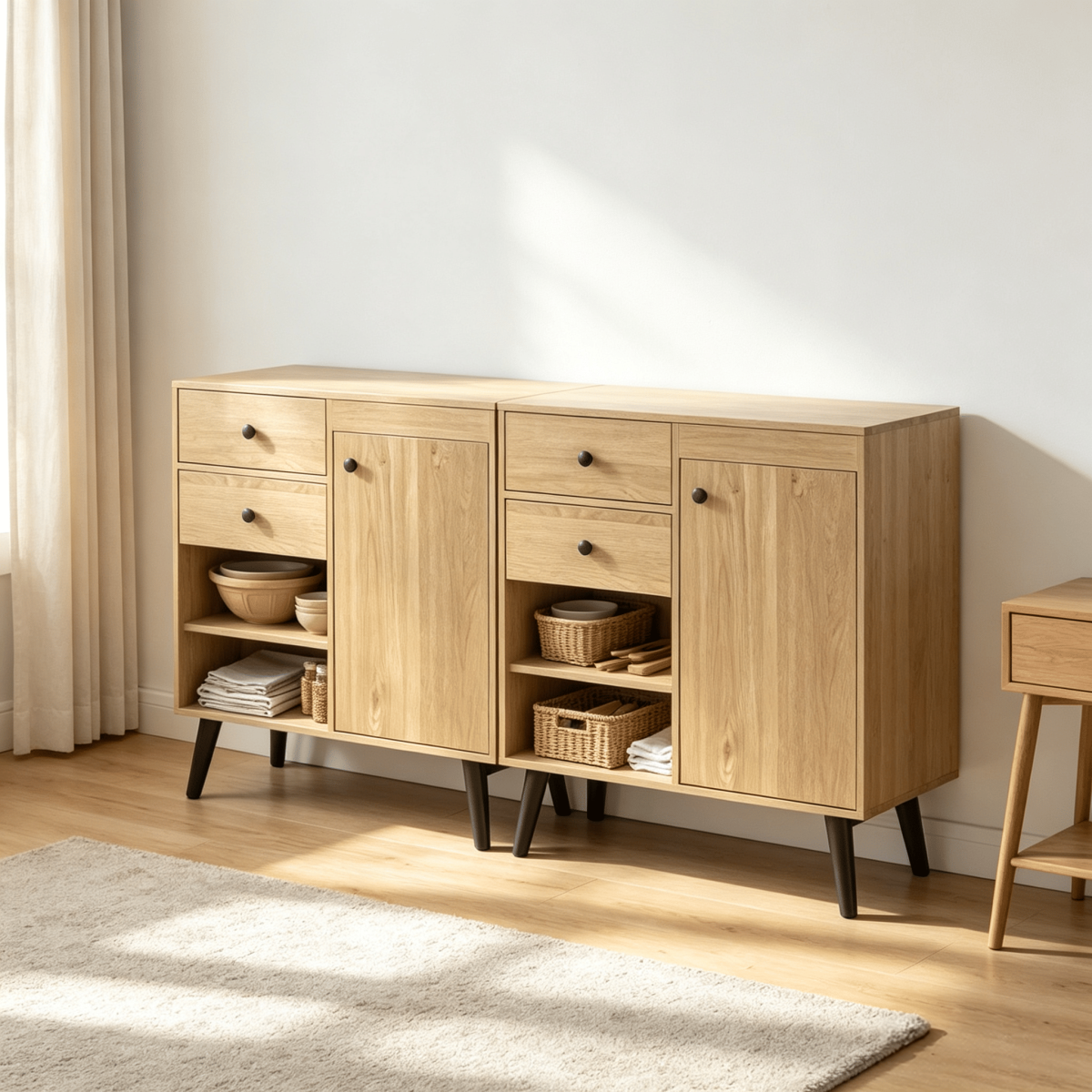 Set of 2 31 Inch Buffet Cabinet with 2 Drawers And Open Compartments for Kitchen Storage Wood Grain Finish - Image 4