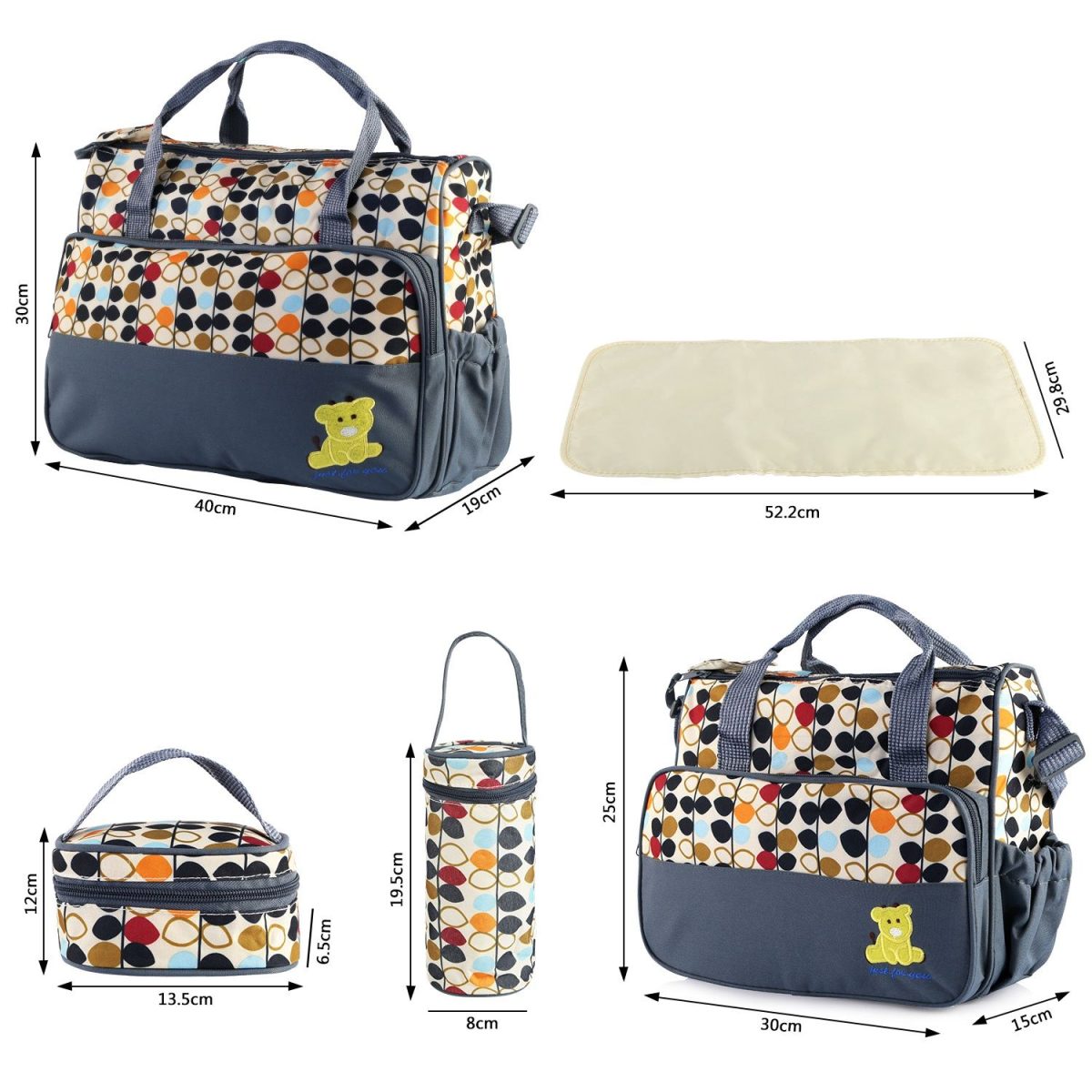 5PCS Baby Nappy Diaper Bags Set Mummy Diaper Shoulder Bags w/ Nappy Changing Pad Insulated Pockets Travel Tote Bags For Mom Dad - Image 13