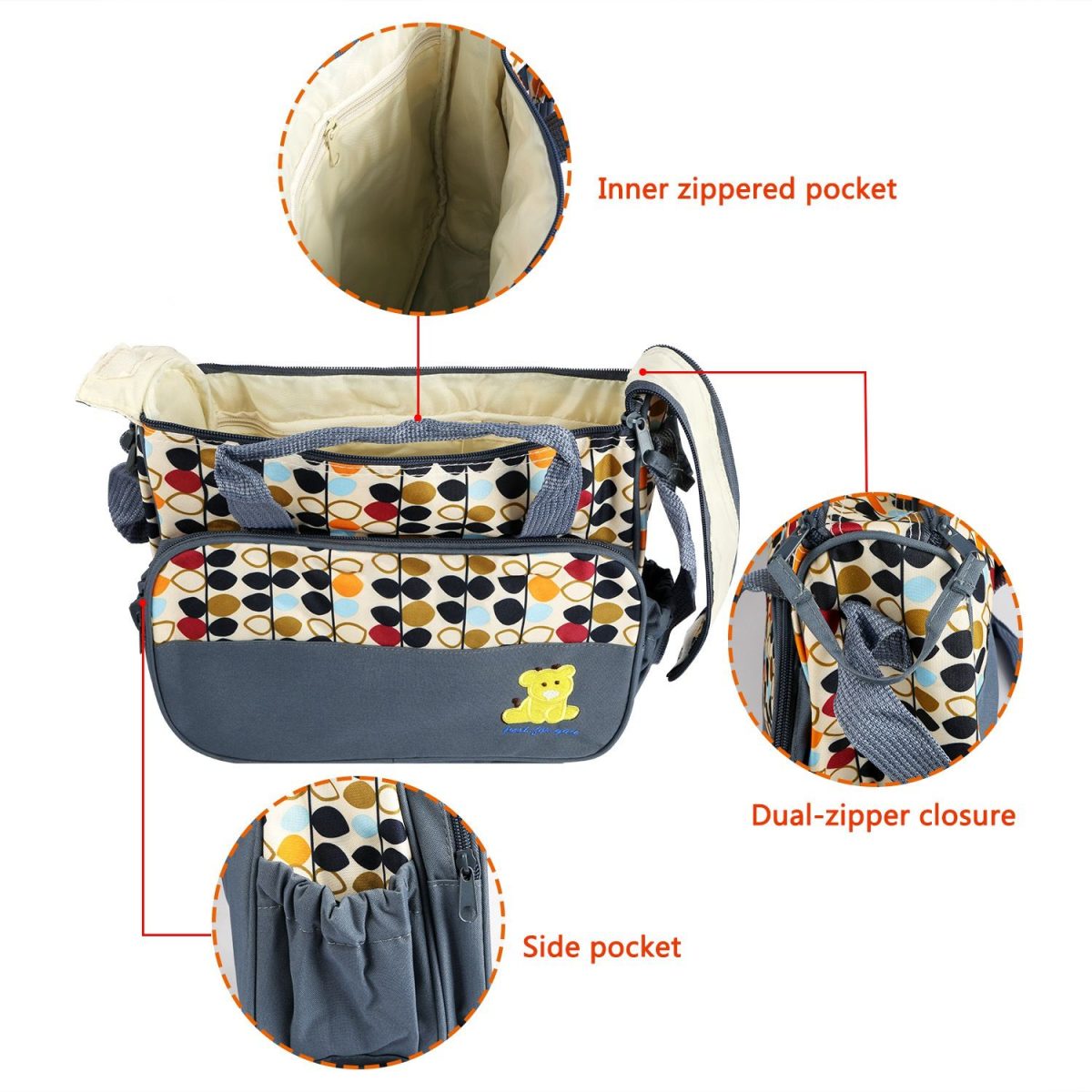 5PCS Baby Nappy Diaper Bags Set Mummy Diaper Shoulder Bags w/ Nappy Changing Pad Insulated Pockets Travel Tote Bags For Mom Dad - Image 14