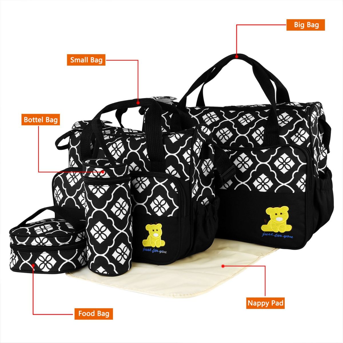 5PCS Baby Nappy Diaper Bags Set Mummy Diaper Shoulder Bags w/ Nappy Changing Pad Insulated Pockets Travel Tote Bags For Mom Dad - Image 36