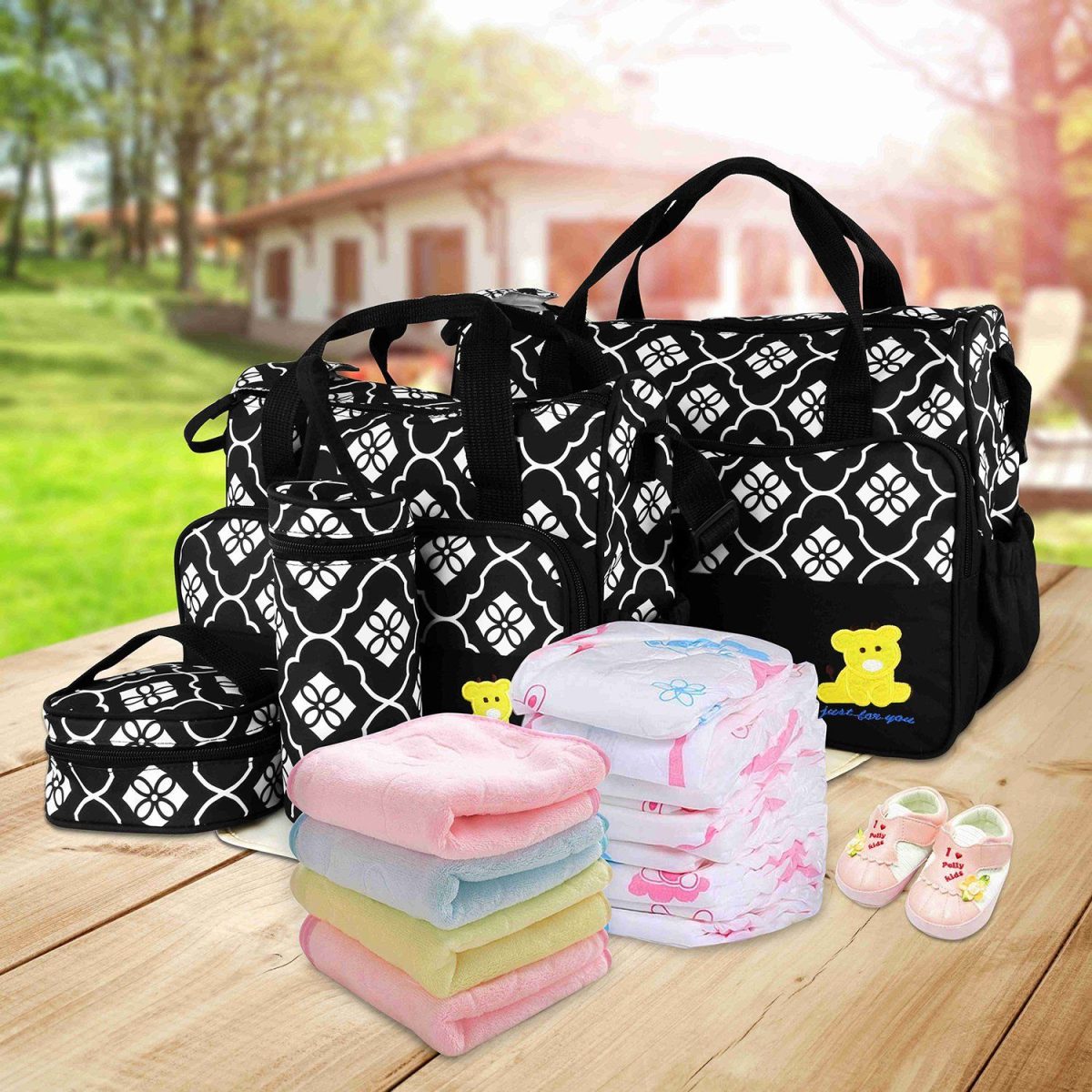 5PCS Baby Nappy Diaper Bags Set Mummy Diaper Shoulder Bags w/ Nappy Changing Pad Insulated Pockets Travel Tote Bags For Mom Dad - Image 43