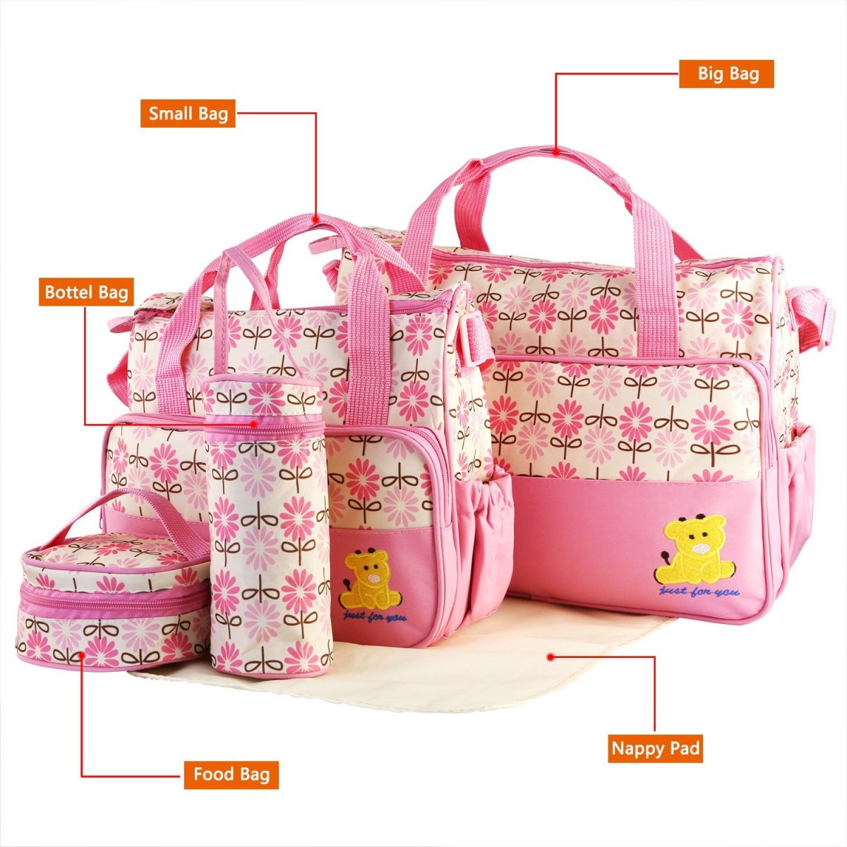 5PCS Baby Nappy Diaper Bags Set Mummy Diaper Shoulder Bags w/ Nappy Changing Pad Insulated Pockets Travel Tote Bags For Mom Dad - Image 25