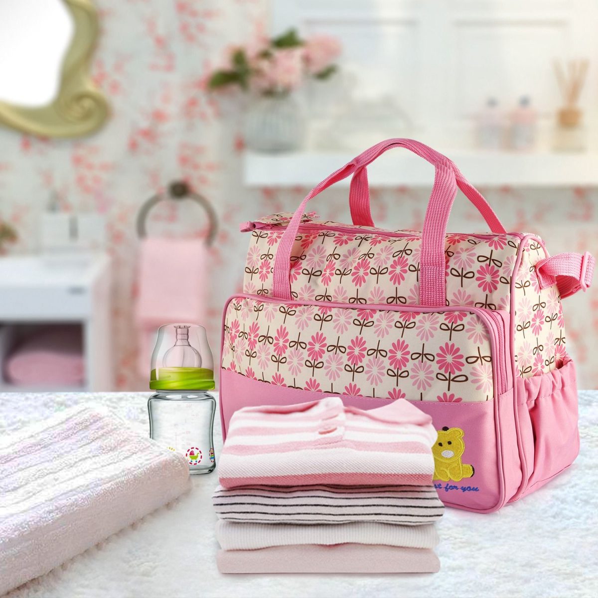 5PCS Baby Nappy Diaper Bags Set Mummy Diaper Shoulder Bags w/ Nappy Changing Pad Insulated Pockets Travel Tote Bags For Mom Dad - Image 32