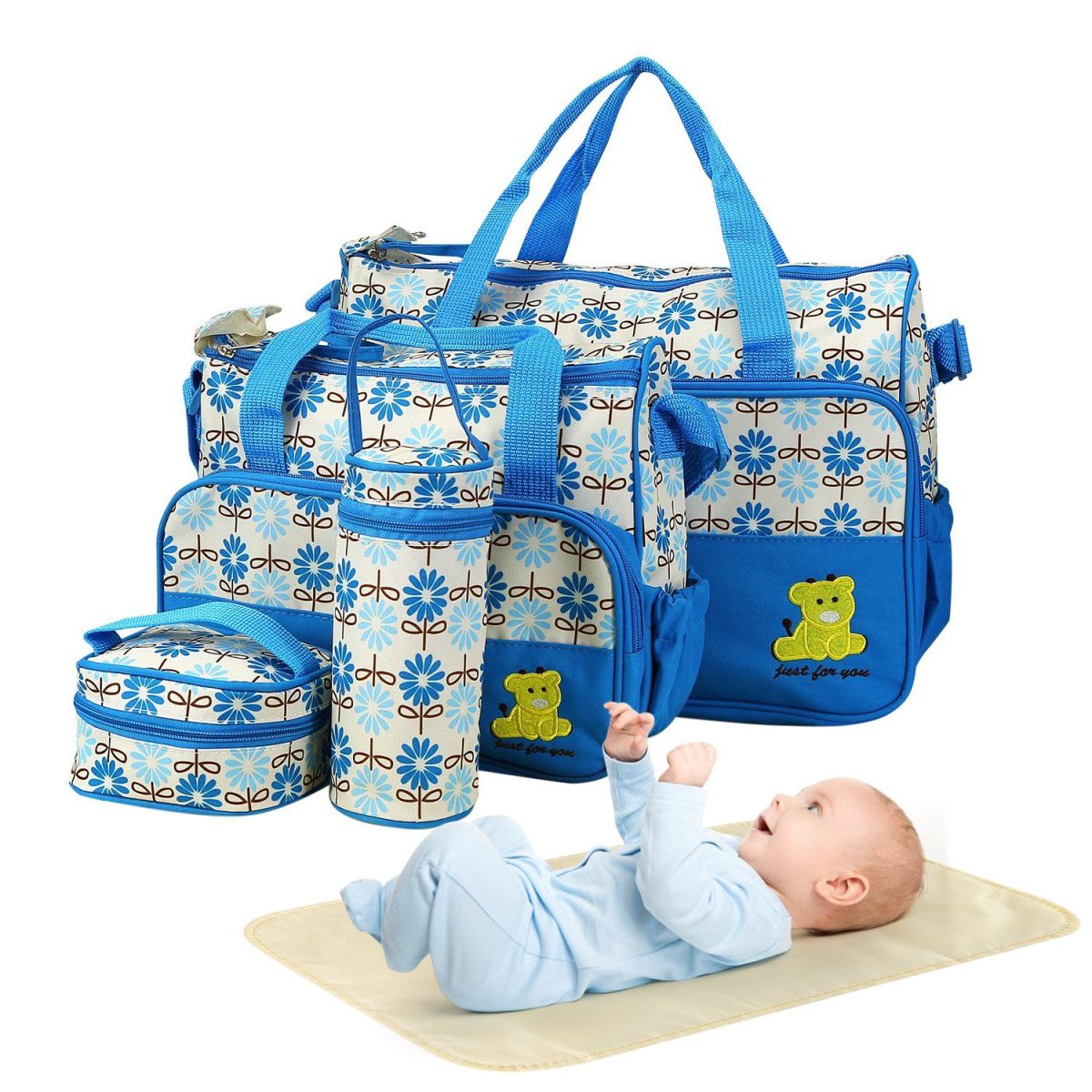 5PCS Baby Nappy Diaper Bags Set Mummy Diaper Shoulder Bags w/ Nappy Changing Pad Insulated Pockets Travel Tote Bags For Mom Dad - Image 6