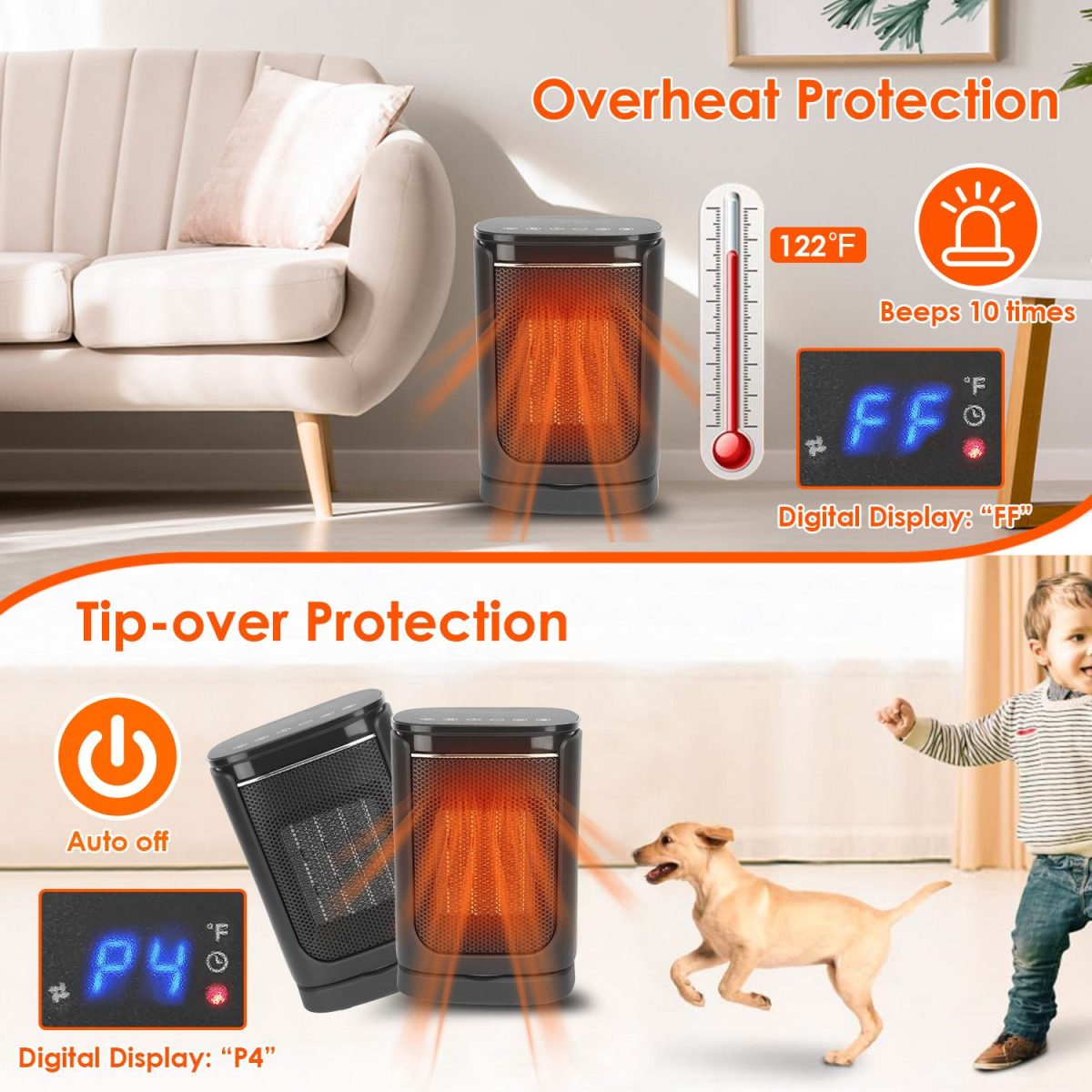 1500W Oscillating Ceramic Space Heater, Portable Electric Heater with Digital Display,Remote Control,3 Heat Modes,Safety Shut-Off for Indoor Use - Image 8