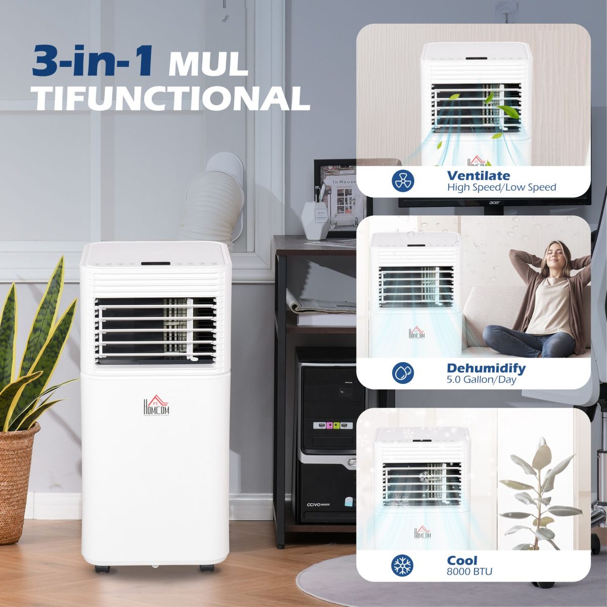 8000 BTU Mobile Air Conditioner for Cooling and Dehumidifying, Remote Control, 24H Timer, LED Display, White - Image 4