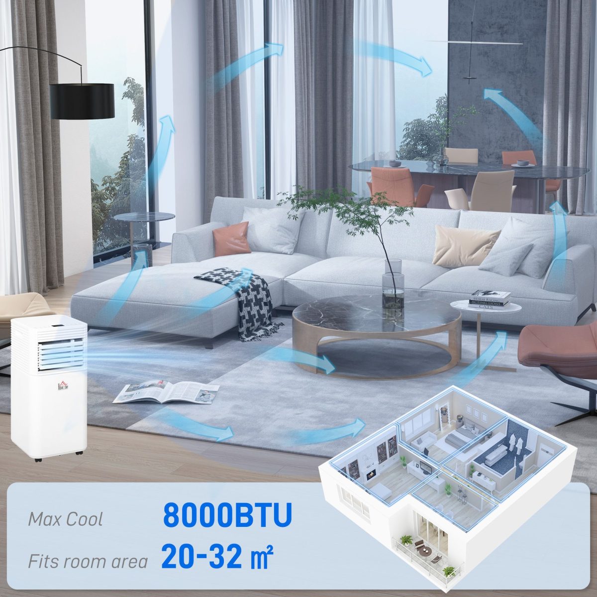 8000 BTU Mobile Air Conditioner for Cooling and Dehumidifying, Remote Control, 24H Timer, LED Display, White - Image 5
