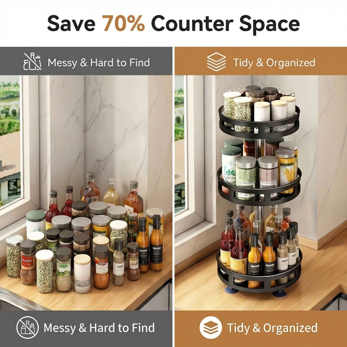 3-Tier Rotating Spice Rack Organizer – Carbon Steel 360° Metal Turntable, Multifunctional Kitchen Seasoning & Condiment Storage Rack, Space-Saving Countertop Spice Jar Organizer - Image 3