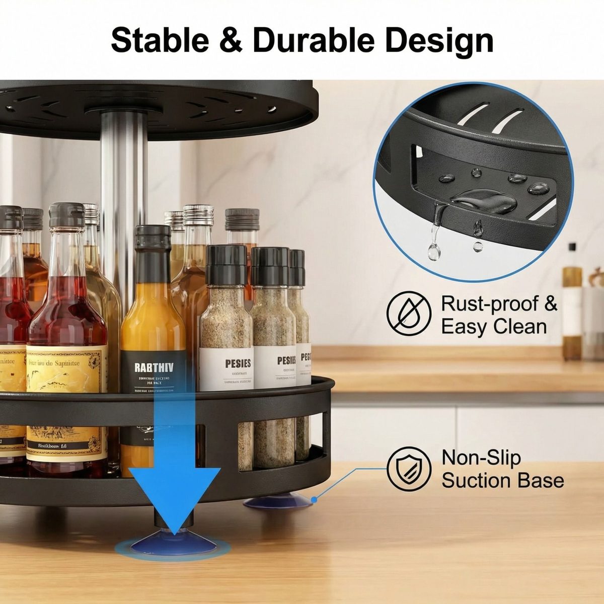3-Tier Rotating Spice Rack Organizer – Carbon Steel 360° Metal Turntable, Multifunctional Kitchen Seasoning & Condiment Storage Rack, Space-Saving Countertop Spice Jar Organizer - Image 4
