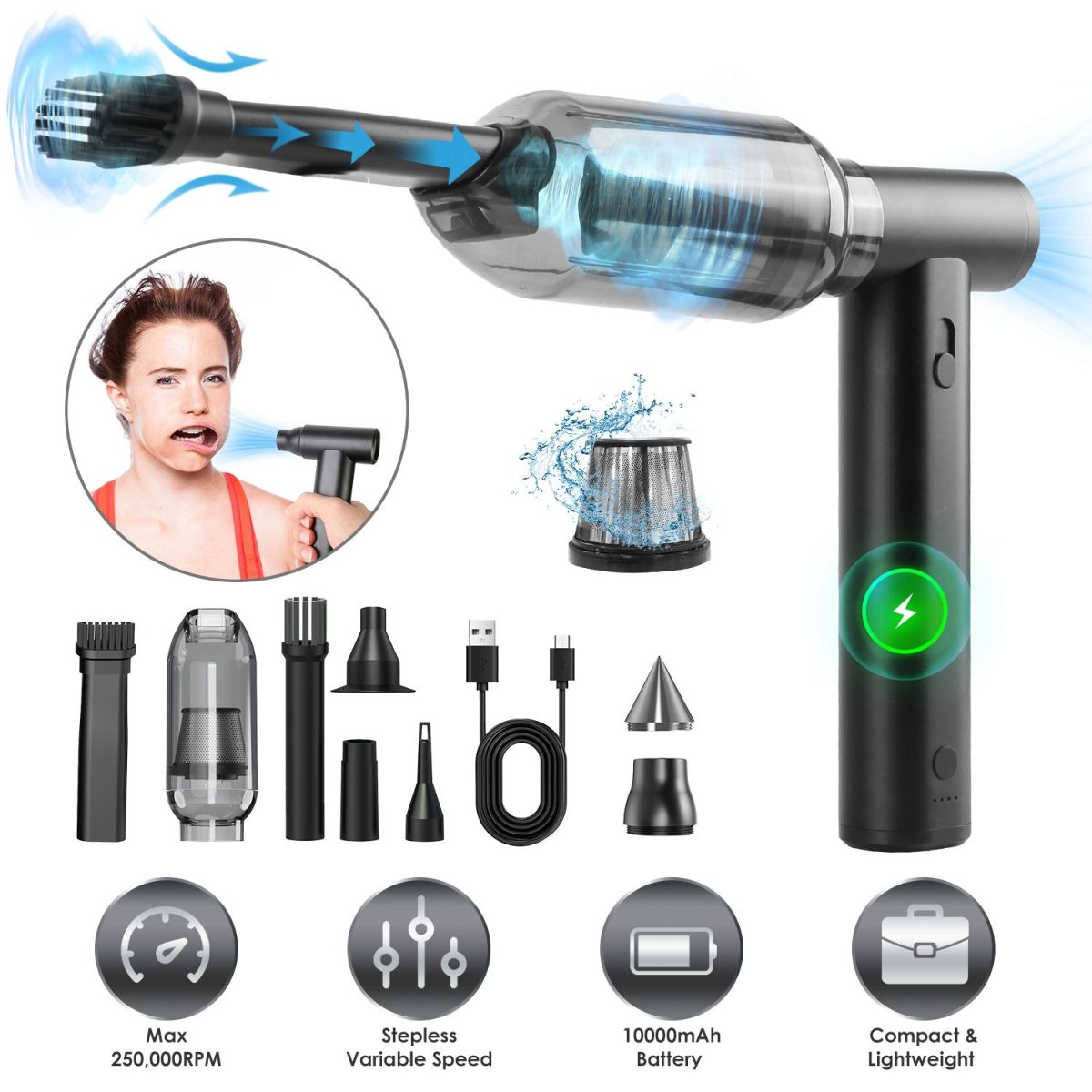 Compressed Air Duster Brushless Motor 250000RPM Stepless Variable Speed 10000mAh Battery Cordless Dust Blower Vacuum Cleaner Portable Jet Dry Blower for PC Keyboard Car Home - Image 3
