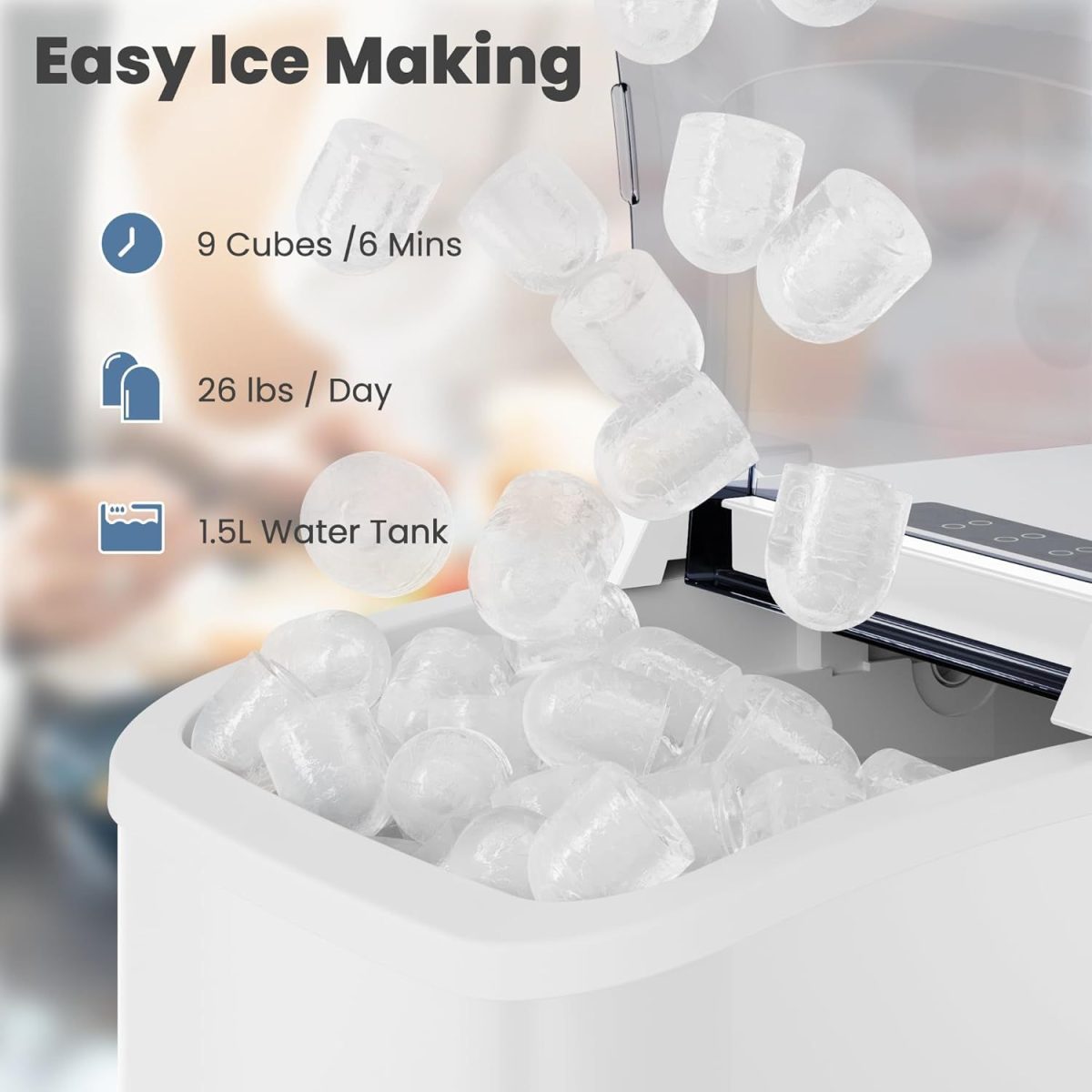 Countertop Ice Maker with Handle, 26lbs/24H Portable Ice Machine, 9 Bullet Ice Cubes Ready in 6 Mins, Self-Cleaning, Quiet Compact Ice Maker for Home, Kitchen, RV, Camping - Image 3