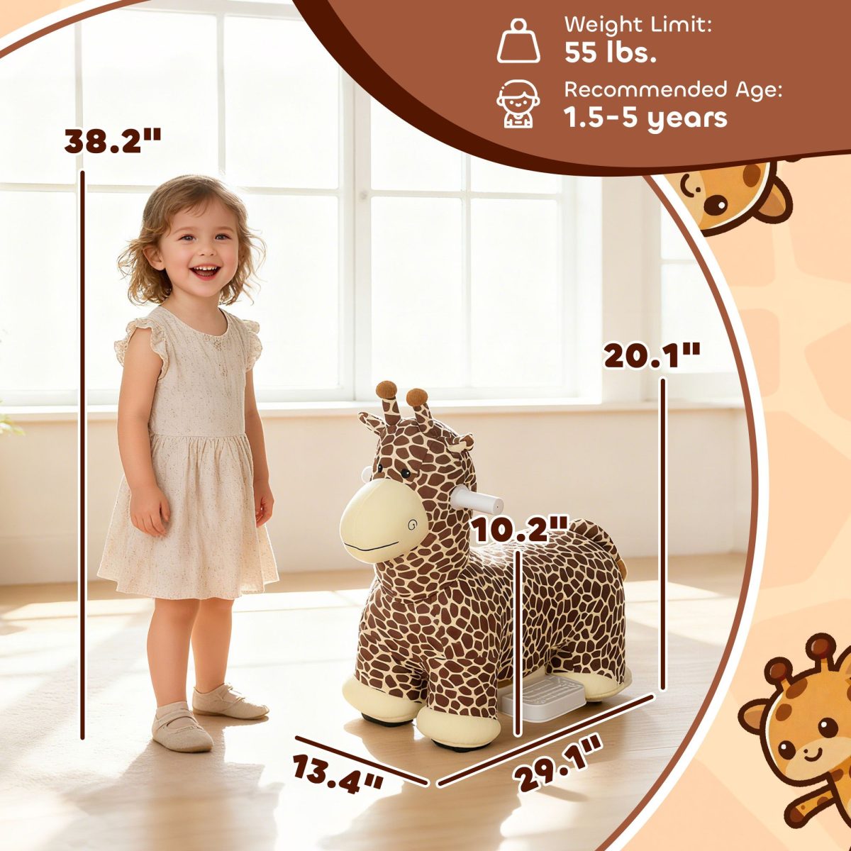Kids Electric Ride On Giraffe, 6V Battery Powered Ride On Toy with Washable Cover, Music for 1.5-5 Years, Brown - Image 3