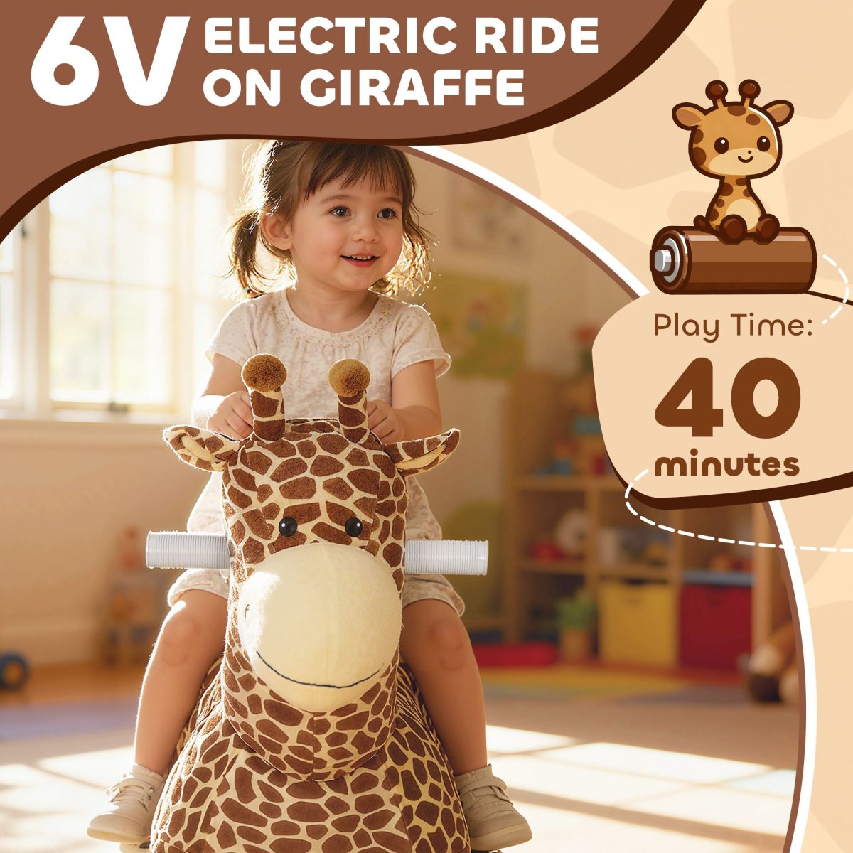 Kids Electric Ride On Giraffe, 6V Battery Powered Ride On Toy with Washable Cover, Music for 1.5-5 Years, Brown - Image 4