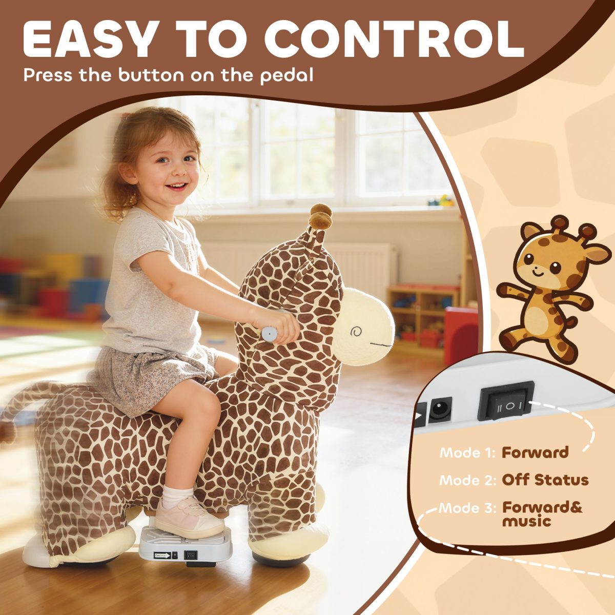 Kids Electric Ride On Giraffe, 6V Battery Powered Ride On Toy with Washable Cover, Music for 1.5-5 Years, Brown - Image 5