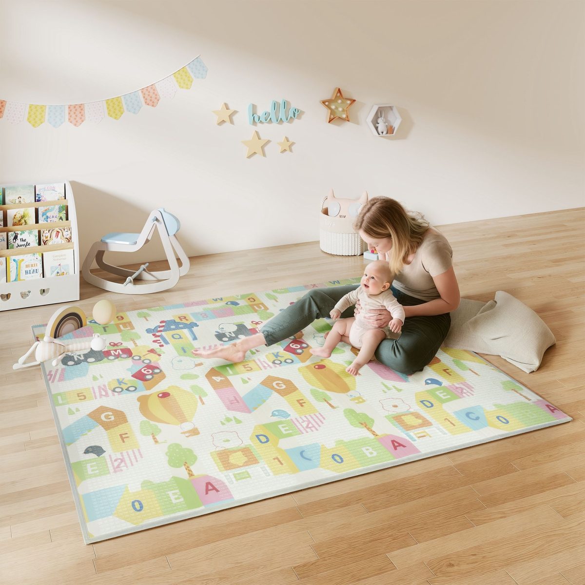 Foldable & Reversible Baby Play Mat, 79" x 71" Foam Floor Mat, Non-Slip Waterproof Crawling, Alphabet & Cloud Design - Image 2