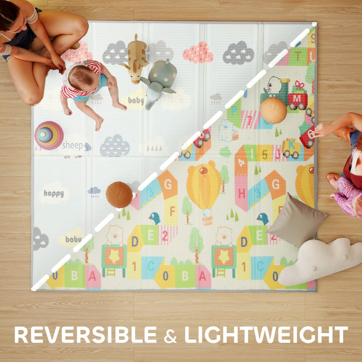 Foldable & Reversible Baby Play Mat, 79" x 71" Foam Floor Mat, Non-Slip Waterproof Crawling, Alphabet & Cloud Design - Image 4