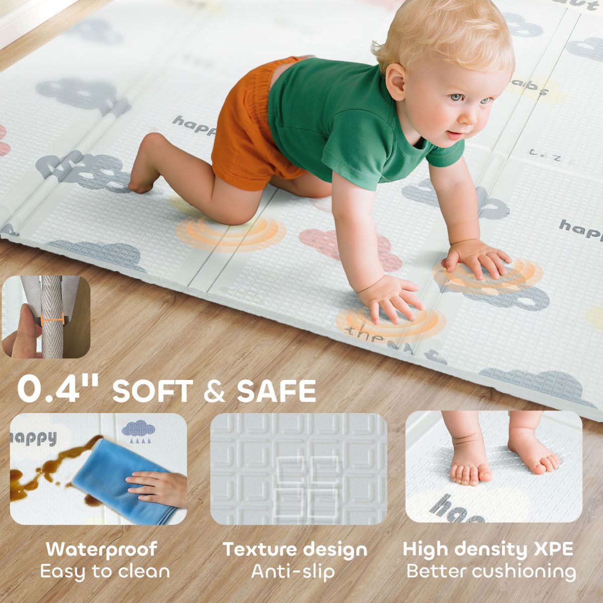Foldable & Reversible Baby Play Mat, 79" x 71" Foam Floor Mat, Non-Slip Waterproof Crawling, Alphabet & Cloud Design - Image 6
