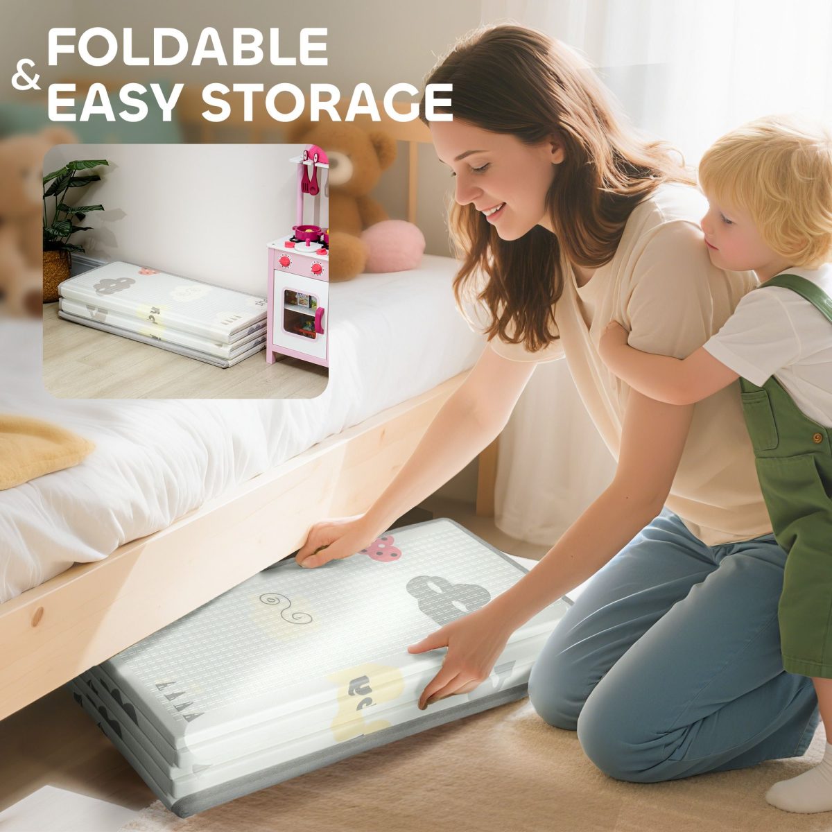 Foldable & Reversible Baby Play Mat, 79" x 71" Foam Floor Mat, Non-Slip Waterproof Crawling, Alphabet & Cloud Design - Image 7