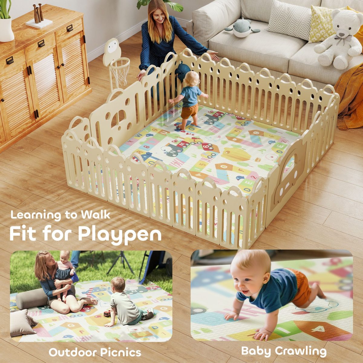 Foldable & Reversible Baby Play Mat, 79" x 71" Foam Floor Mat, Non-Slip Waterproof Crawling, Alphabet & Cloud Design - Image 8