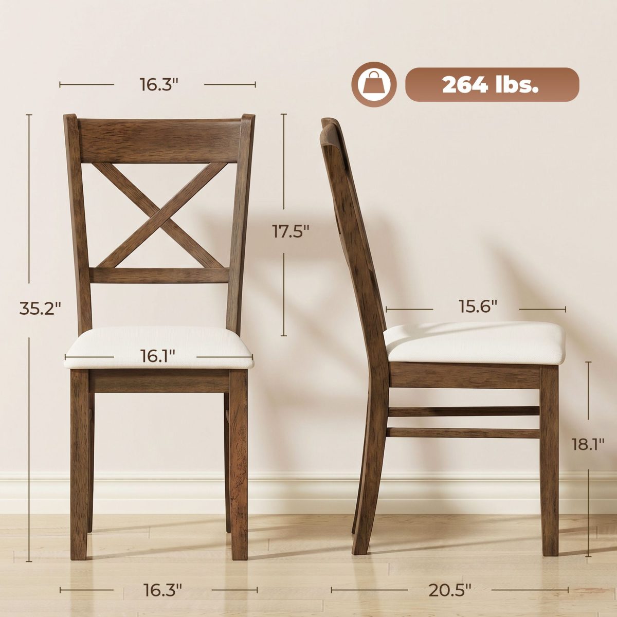 Dining Chairs Set of 2, Upholstered Kitchen Chairs with Rubberwood Frame, Padded Seat and X-Back, Walnut - Image 3
