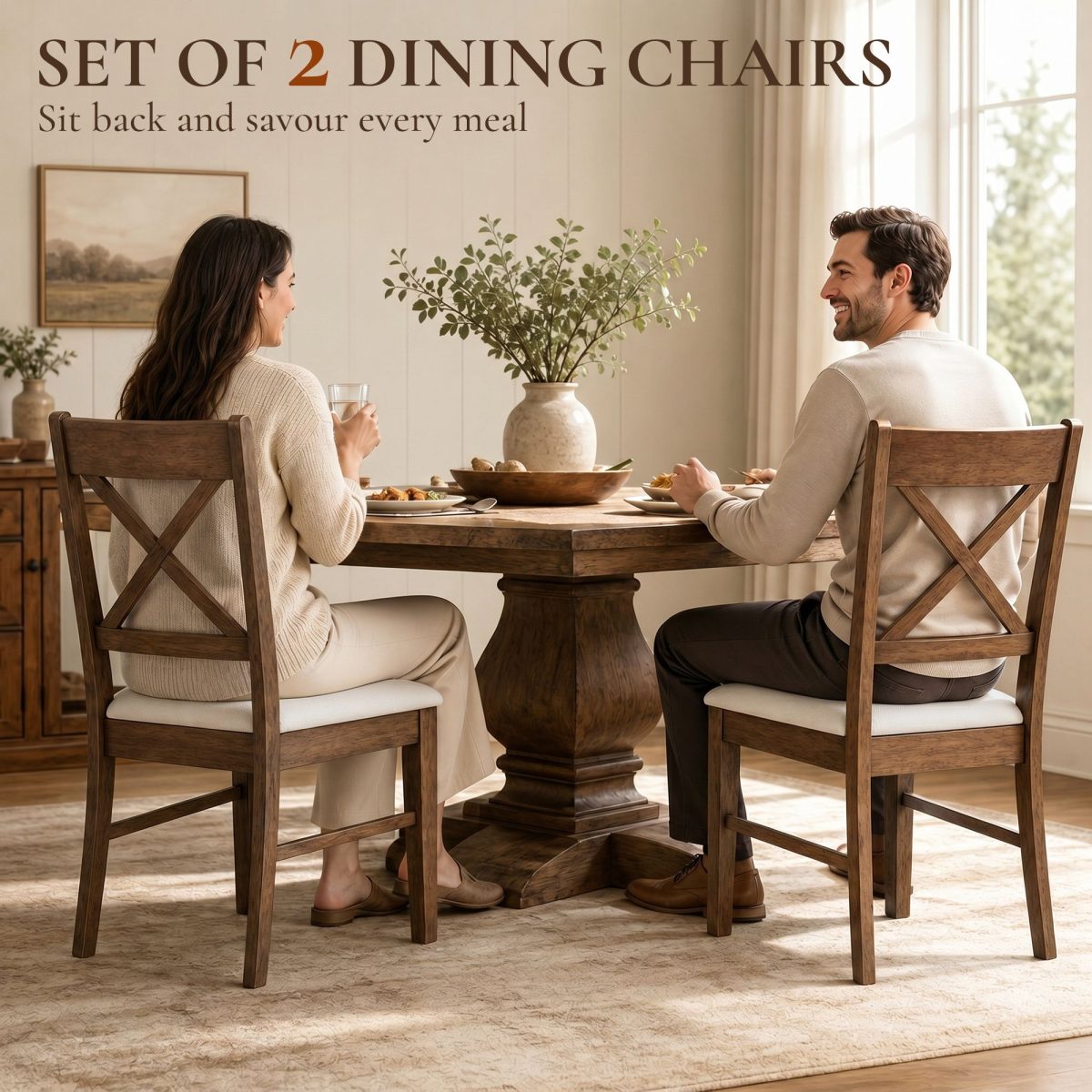 Dining Chairs Set of 2, Upholstered Kitchen Chairs with Rubberwood Frame, Padded Seat and X-Back, Walnut - Image 4