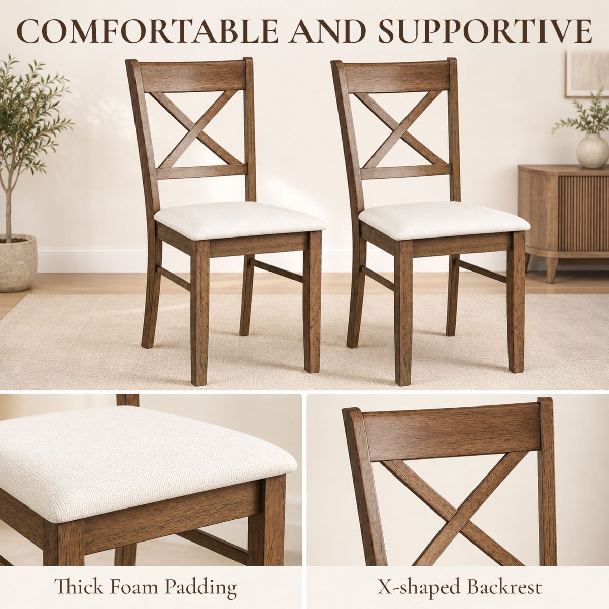 Dining Chairs Set of 2, Upholstered Kitchen Chairs with Rubberwood Frame, Padded Seat and X-Back, Walnut - Image 5