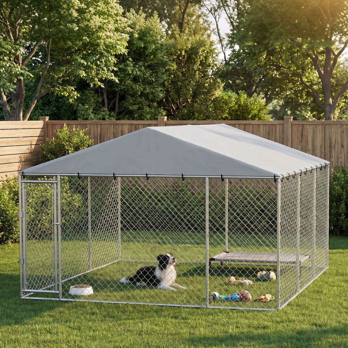 13' x 13' x 6.5' Dog Kennel Outdoor for Small Medium Dogs with Waterproof Roof, Silver - Image 8