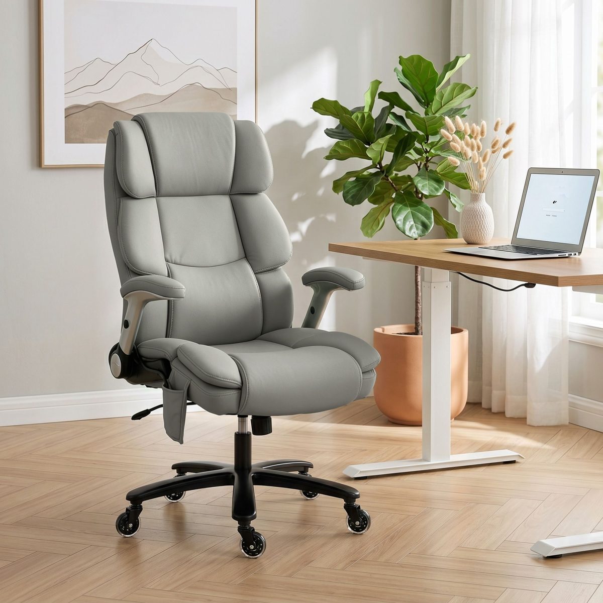Big and Tall Office Chair with Airbag Lumbar Support, Pet-Friendly Fabric Desk Chair with Flip-Up Armrests, Light Gray - Image 2