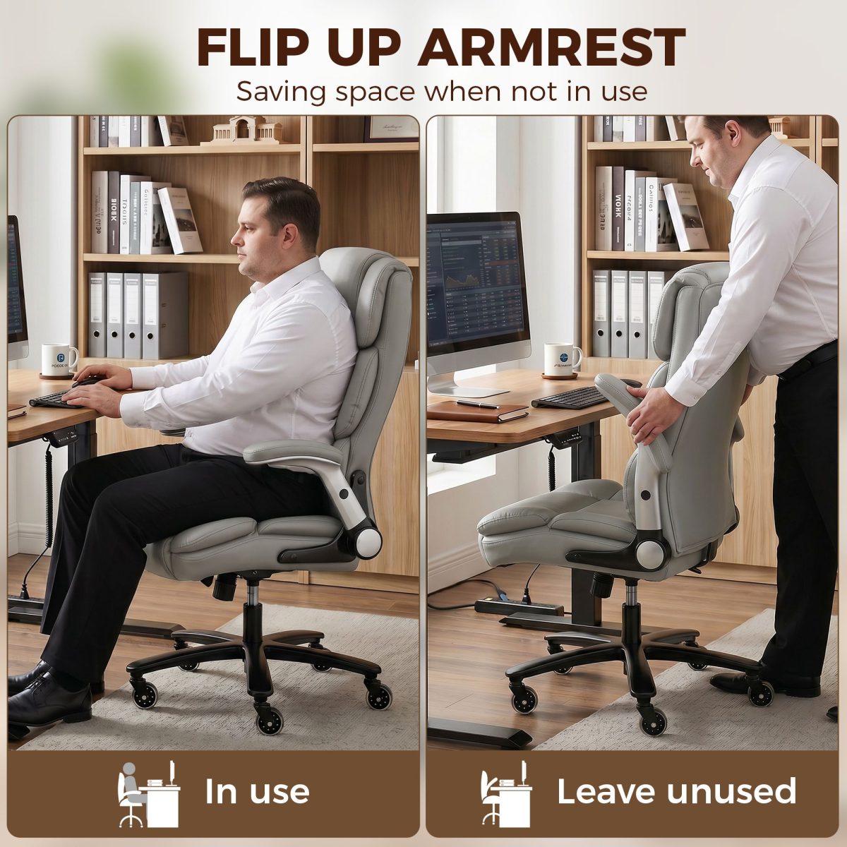 Big and Tall Office Chair with Airbag Lumbar Support, Pet-Friendly Fabric Desk Chair with Flip-Up Armrests, Light Gray - Image 5